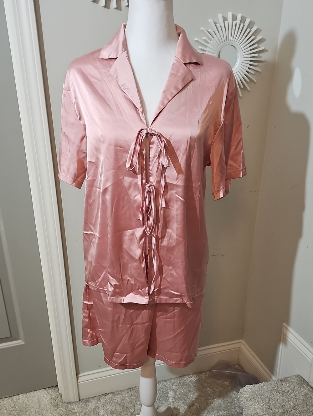 Silky Tie-Front Short Pajama Set - Dusty Pink